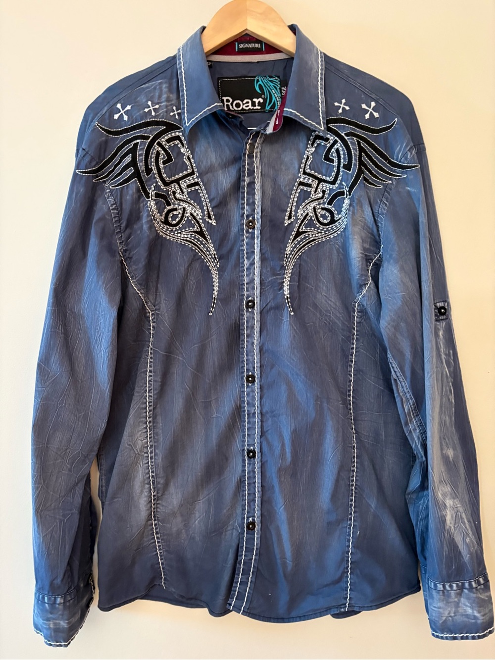Roar Signature Embroidered Western, street, party,  Button Down Shirt Mens Sz L.